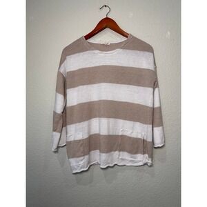EILEEN FISHER Organic Linen Striped Sweater M Medium 3/4 Sleeve Pockets
